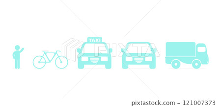 Transportation from pedestrian to truck. Set of transport type, blue line vector icons 121007373