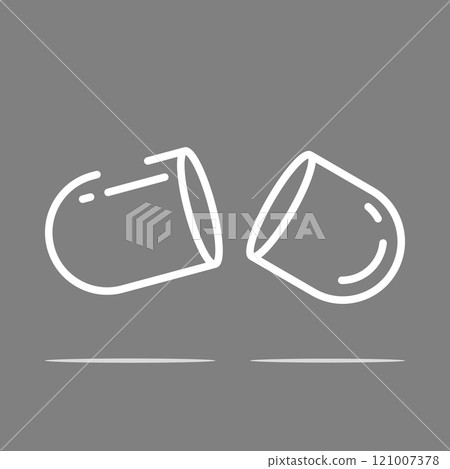 Split pill white linear or silhouette icons on gray background. Empty open gelatin capsule Split pill white linear or silhouette icons on gray background. Empty open gelatin capsule 121007378