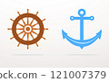 Ship steering wheel and nautical anchor isolated on white background. Marine concept and seafaring symbol. 121007379