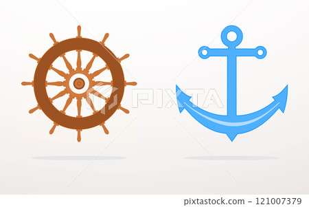 Ship steering wheel and nautical anchor isolated on white background. Marine concept and seafaring symbol. Ship steering wheel and nautical anchor isolated on white background. Marine concept and seafaring symbol. 121007379