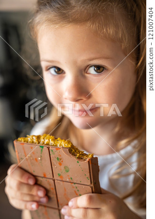 Little girl eating Dubai chocolate with pistachio paste and kataifi dough. Confectionery handmade sweets at home in the kitchen. Little girl eating Dubai chocolate with pistachio paste and kataifi dough. Confectionery handmade sweets at home in the kitchen. 121007404