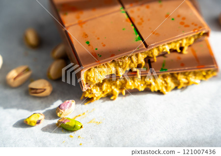 Trend Dubai chocolate with pistachio paste and kataifi dough at sun lights. Confectionery handmade sweets at home in the kitchen.  121007436