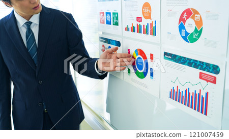 A male business person showing and explaining a graph of marketing data A male business person showing and explaining a graph of marketing data 121007459