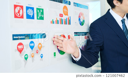 A male business person showing and explaining a graph of marketing data A male business person showing and explaining a graph of marketing data 121007462