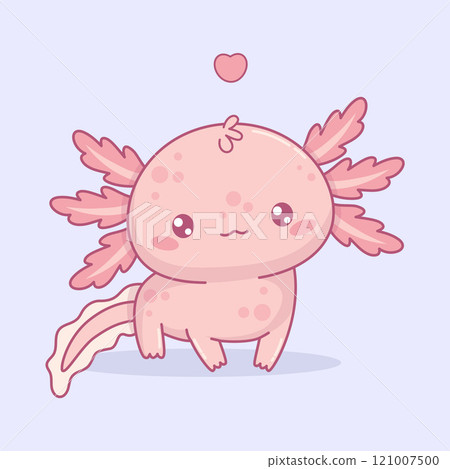 Cute Axolotl. Little cartoon pink kawaii character. Vector illustration. Kids collection. Can be used for t-shirt print, sticker, greeting card design. Cute Axolotl. Little cartoon pink kawaii character. Vector illustration. Kids collection. Can be used for t-shirt print, sticker, greeting card design. 121007500