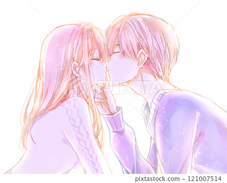 男人和女人接吻,下巴接吻,冬天,背光 男人和女人接吻,下巴接吻,冬天,背光 121007514