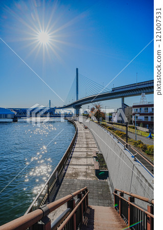 Nakagawa Terrace and Harp Bridge on a sunny day 121007531