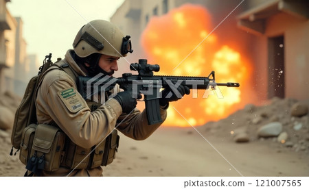 A soldier in tactical gear aims a weapon amidst an explosion, showcasing a dramatic military scene. 121007565