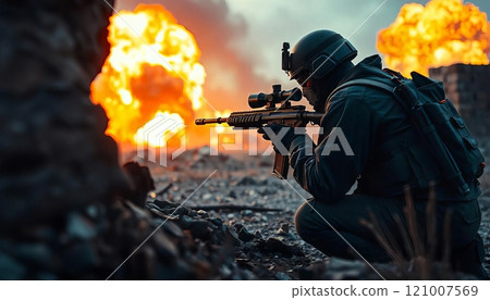 A soldier in tactical gear aims a weapon amidst an explosion, showcasing a dramatic military scene. 121007569