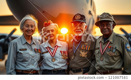 A group of veterans of various military branches standing together in front of a military aircraft, proudly wearing their uniforms and medals A group of veterans of various military branches standing together in front of a military aircraft, proudly wearing their uniforms and medals 121007581