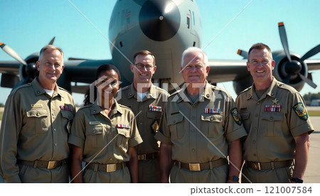 A group of veterans of various military branches standing together in front of a military aircraft, proudly wearing their uniforms and medals A group of veterans of various military branches standing together in front of a military aircraft, proudly wearing their uniforms and medals 121007584