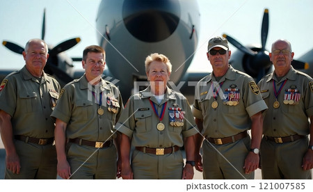 A group of veterans of various military branches standing together in front of a military aircraft, proudly wearing their uniforms and medals 121007585