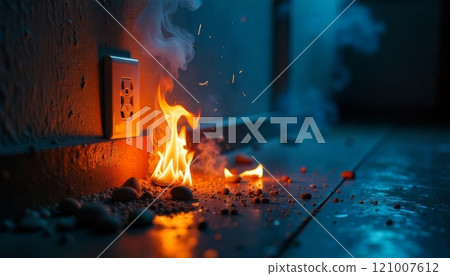 A burning electrical outlet on the floor in a room 121007612