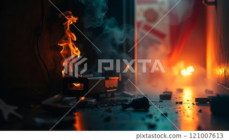 A burning electrical outlet on the floor in a room 121007613