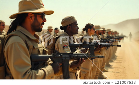 Modern soldiers in a dusty warzone, fully equipped and facing the camera in military formation. Concept Military Photoshoot, Warzone Setting, Soldier Portraits, Military Formation, Dusty Environment 121007638