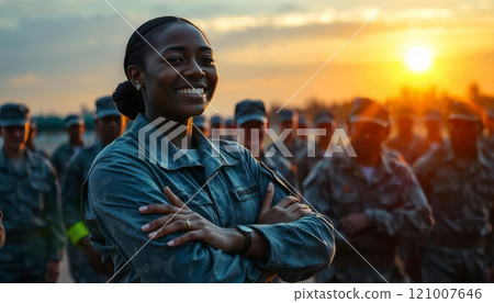 An Air Force soldier stands at a training ground with arms crossed and smiles 121007646