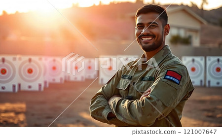 An Air Force soldier stands at a training ground with arms crossed and smiles An Air Force soldier stands at a training ground with arms crossed and smiles 121007647