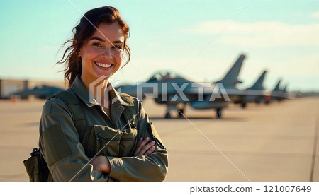 An Air Force soldier stands at a training ground with arms crossed and smiles 121007649