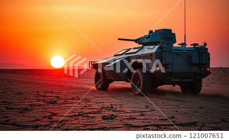 Armored vehicle navigating through dusty terrain, showcasing military mobility Armored vehicle navigating through dusty terrain, showcasing military mobility 121007651