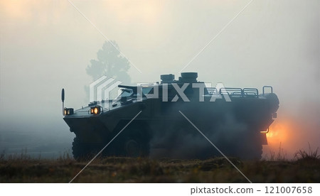 Armored vehicle navigating through dusty terrain, showcasing military mobility 121007658