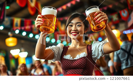 A cheerful young woman in traditional Bavarian attire holds two large beer mugs at an Oktoberfest event. The lively atmosphere and her smiling face celebrate the festival spirit 121007661