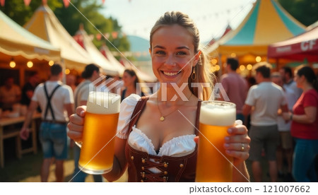 A cheerful young woman in traditional Bavarian attire holds two large beer mugs at an Oktoberfest event. The lively atmosphere and her smiling face celebrate the festival spirit 121007662