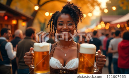 A cheerful young woman in traditional Bavarian attire holds two large beer mugs at an Oktoberfest event. The lively atmosphere and her smiling face celebrate the festival spirit A cheerful young woman in traditional Bavarian attire holds two large beer mugs at an Oktoberfest event. The lively atmosphere and her smiling face celebrate the festival spirit 121007663