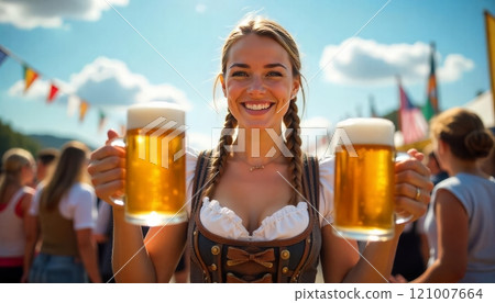 A cheerful young woman in traditional Bavarian attire holds two large beer mugs at an Oktoberfest event. The lively atmosphere and her smiling face celebrate the festival spirit A cheerful young woman in traditional Bavarian attire holds two large beer mugs at an Oktoberfest event. The lively atmosphere and her smiling face celebrate the festival spirit 121007664