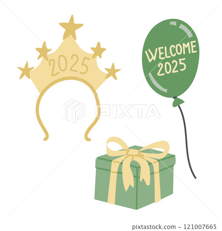 New Years celebration set with golden 2025 headband, green balloon, and gift box. Party elements in vector flat style isolated on white background New Years celebration set with golden 2025 headband, green balloon, and gift box. Party elements in vector flat style isolated on white background 121007665
