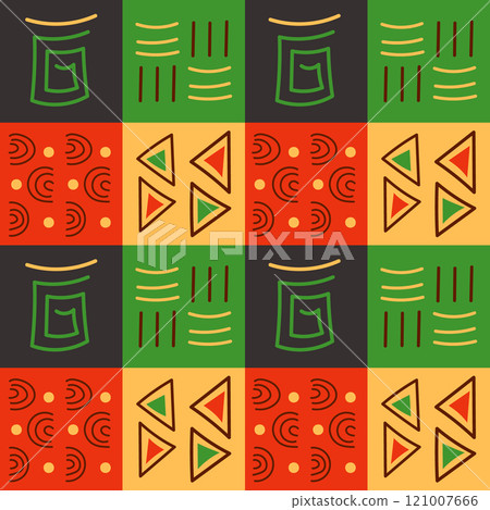 Traditional African inspired geometric pattern with vibrant colors and abstract shapes. Vector illustration in folk style for Black History month 121007666