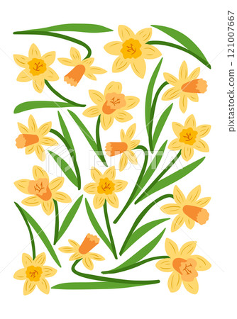 Yellow daffodils with green leaves in a spring floral poster in retro 60s style. Interior poster symbolizing spring, growth, and natural beauty in vector minimalistic style Yellow daffodils with green leaves in a spring floral poster in retro 60s style. Interior poster symbolizing spring, growth, and natural beauty in vector minimalistic style 121007667