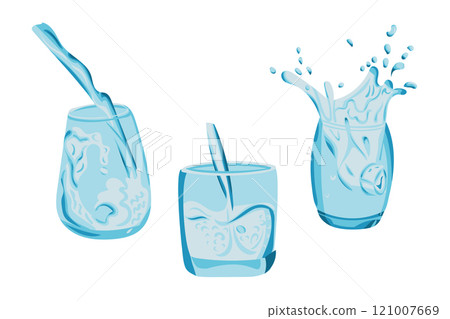Set of glasses with water splashes in dynamic blue tones. Vector hand drawn illustrations in flat style isolated on white background 121007669