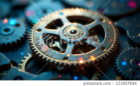 close up gear mechanic clockworks spinning with bokeh light 121007684