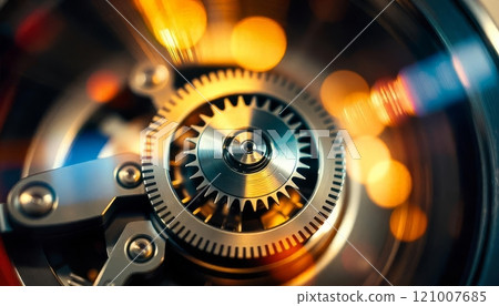close up gear mechanic clockworks spinning with bokeh light 121007685