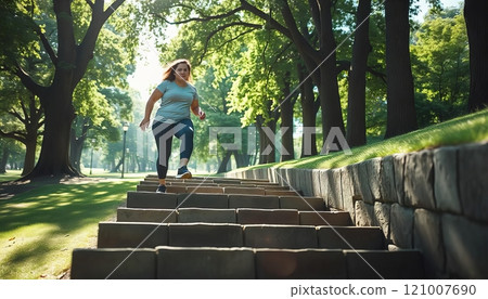 An overweight woman going up or down the stairs in the park, sports, working out 121007690