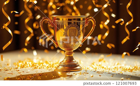 golden winners cup with golden glitter confetti golden winners cup with golden glitter confetti 121007693
