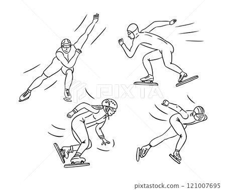 Set of speed skating illustrations with athletes in dynamic action poses. Vector winter sport outline black and white drawing isolated on white background Set of speed skating illustrations with athletes in dynamic action poses. Vector winter sport outline black and white drawing isolated on white background 121007695