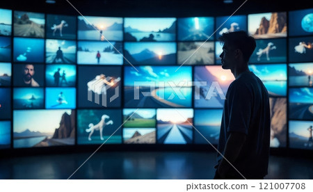 young man standing in front of the wall made of tv screens with different videos playing young man standing in front of the wall made of tv screens with different videos playing 121007708