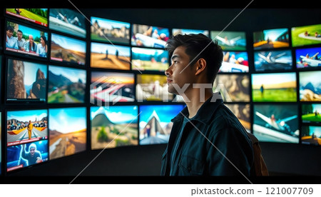 young man standing in front of the wall made of tv screens with different videos playing young man standing in front of the wall made of tv screens with different videos playing 121007709