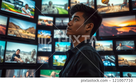 young man standing in front of the wall made of tv screens with different videos playing young man standing in front of the wall made of tv screens with different videos playing 121007710