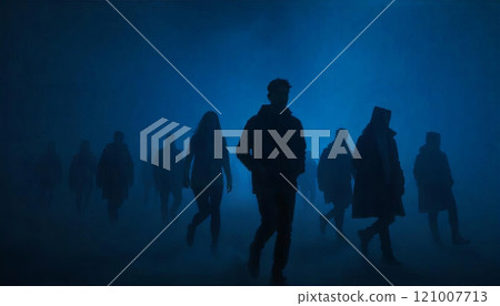 People Walking Through Misty Atmosphere With Blue Lighting at Night People Walking Through Misty Atmosphere With Blue Lighting at Night 121007713