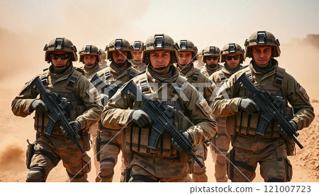 Modern soldiers in a dusty warzone, fully equipped and facing the camera in military formation. Concept Military Photoshoot, Warzone Setting, Soldier Portraits, Military Formation, Dusty Environment 121007723