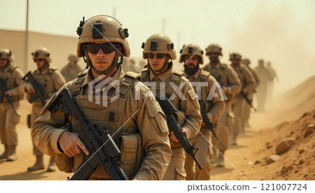 Modern soldiers in a dusty warzone, fully equipped and facing the camera in military formation. Concept Military Photoshoot, Warzone Setting, Soldier Portraits, Military Formation, Dusty Environment 121007724