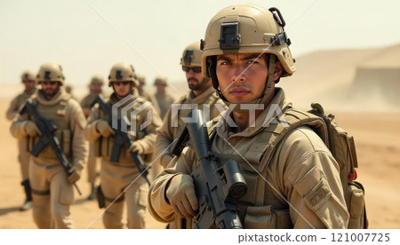 Modern soldiers in a dusty warzone, fully equipped and facing the camera in military formation. Concept Military Photoshoot, Warzone Setting, Soldier Portraits, Military Formation, Dusty Environment Modern soldiers in a dusty warzone, fully equipped and facing the camera in military formation. Concept Military Photoshoot, Warzone Setting, Soldier Portraits, Military Formation, Dusty Environment 121007725
