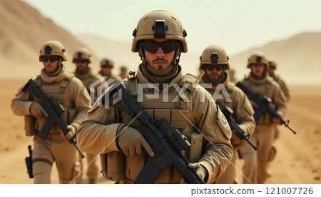 Modern soldiers in a dusty warzone, fully equipped and facing the camera in military formation. Concept Military Photoshoot, Warzone Setting, Soldier Portraits, Military Formation, Dusty Environment 121007726
