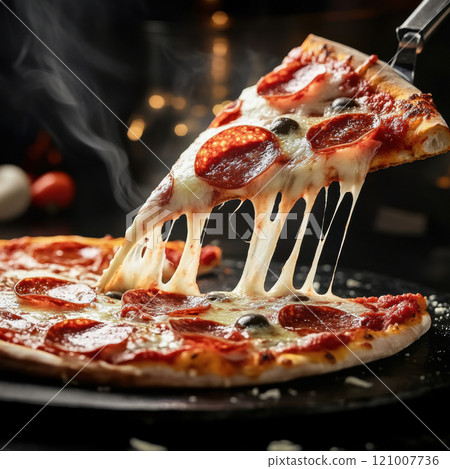 freshly baked pizza with melted cheese 121007736