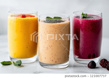various glasses of different fresh healthy smoothies 121007737