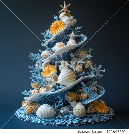 Christmas tree made of seashells and fish, featuring a marine-inspired and artistic design 121007891