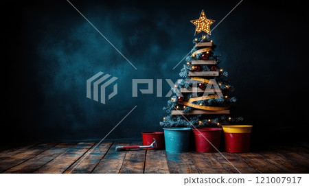 A wooden Christmas tree uniquely decorated with tools like a hammer, screwdriver, and measuring tape 121007917