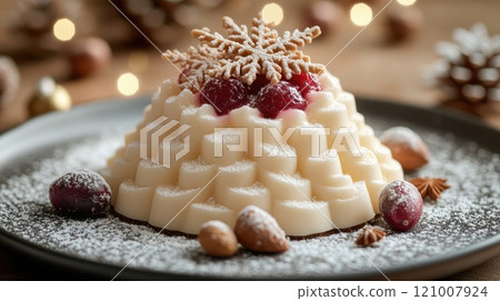 A Christmas dessert shaped like a tree, made of white cream with red decorations, holiday food 121007924
